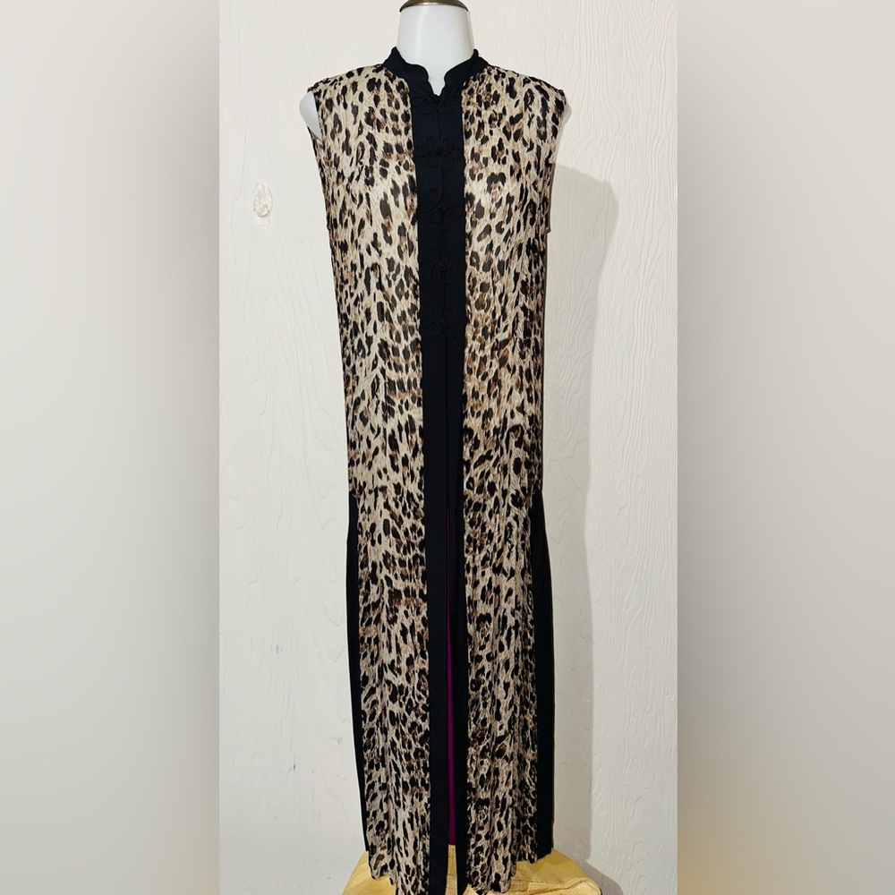 L Rose Womens Animal Print Sleeveless 2 Side Slit Open Front Maxi Duster